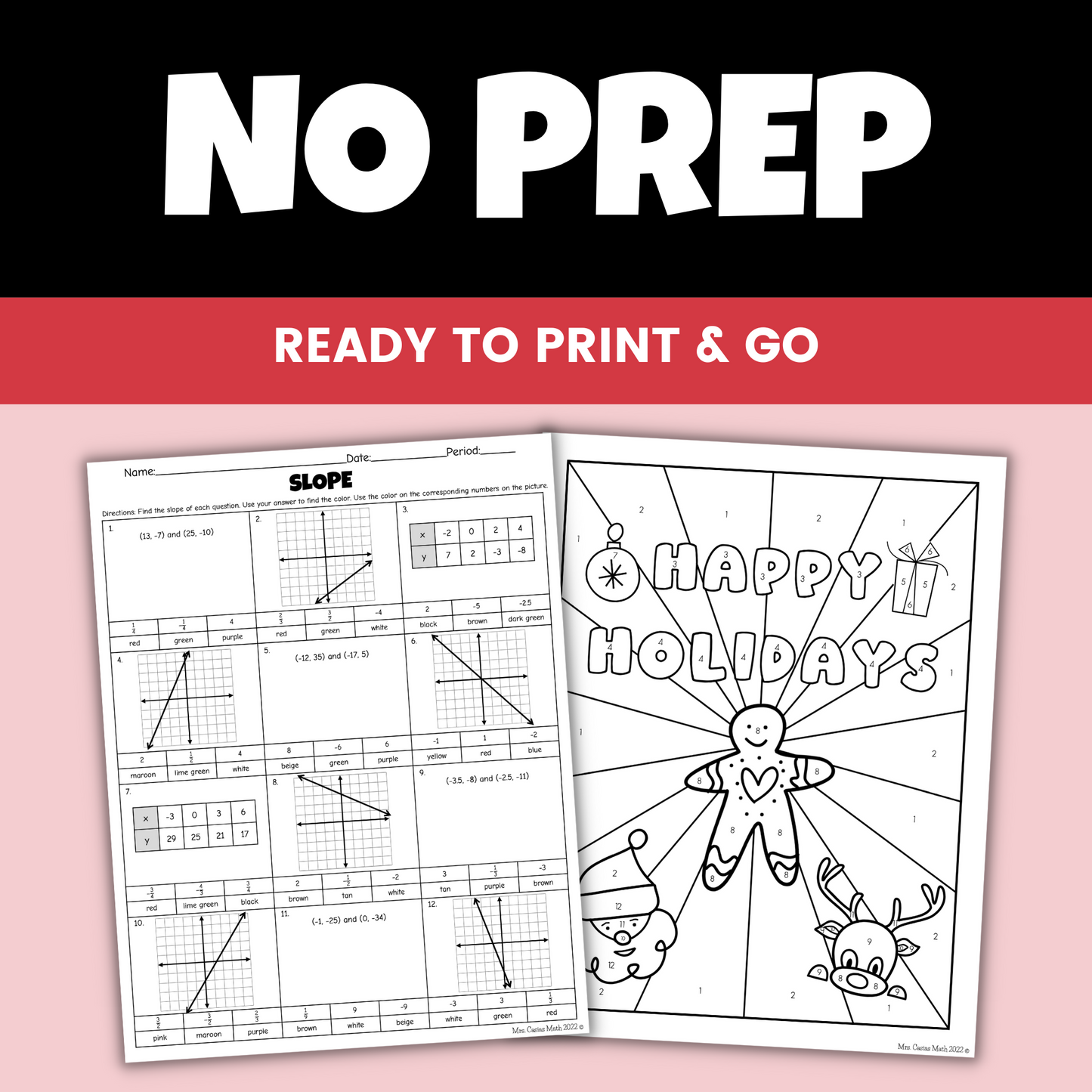 Holiday Math Activity 8th Grade Slope Christmas Coloring Worksheet
