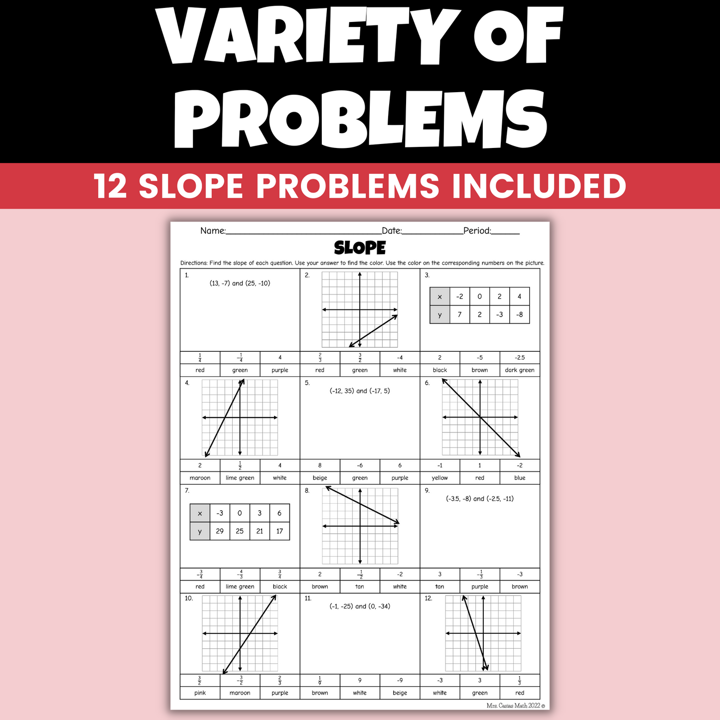 Holiday Math Activity 8th Grade Slope Christmas Coloring Worksheet
