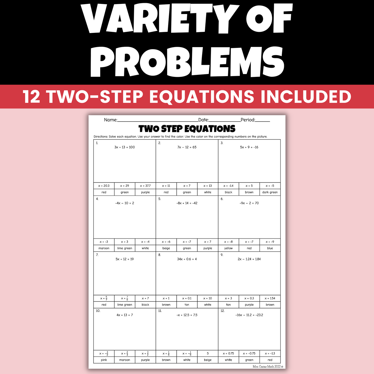 7th Grade Holiday Math Two-Step Equations Coloring Worksheet