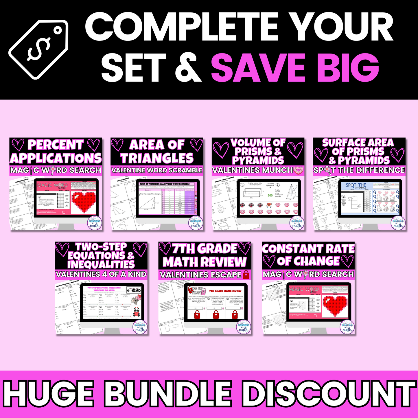 7th Grade Math Valentines Day Activities Digital and Worksheets BUNDLE
