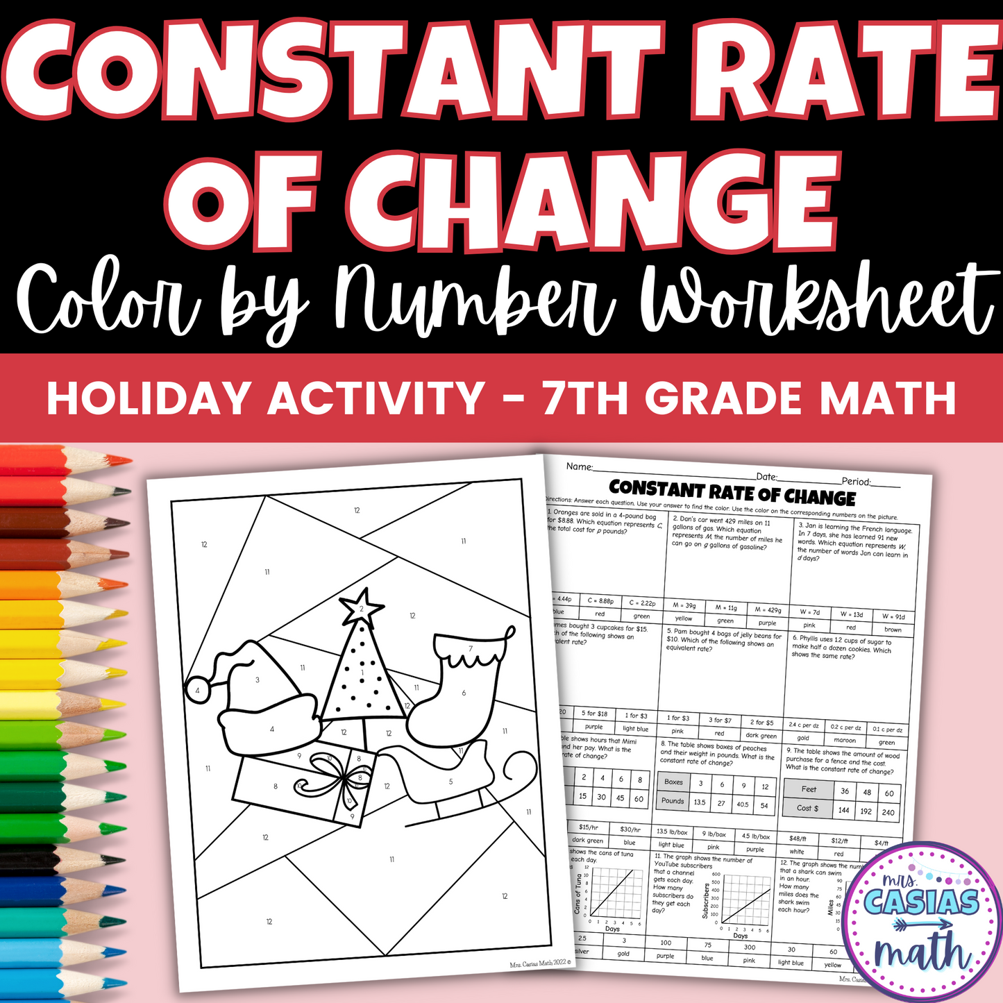 7th Grade Math Christmas Activity Constant Rate of Change Coloring Worksheet