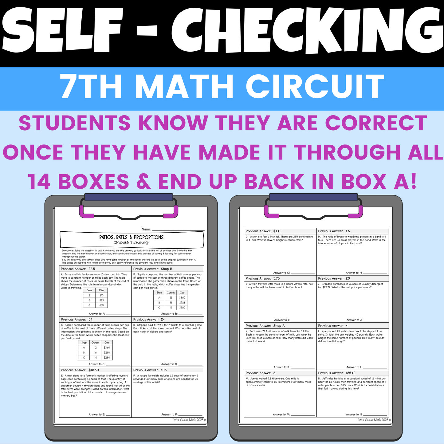 Ratios, Rates and Proportions Worksheet Self Checking Activity 7th Grade Math