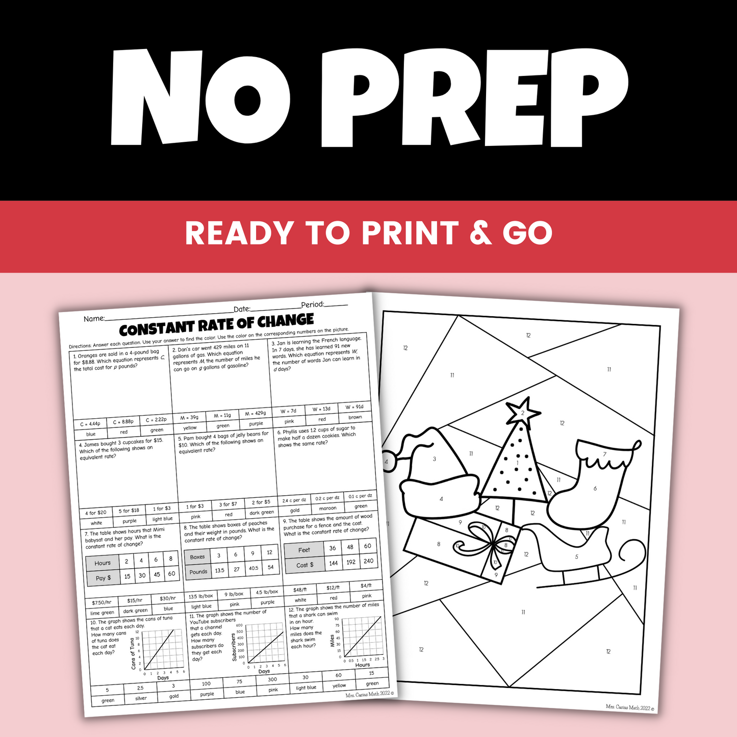 7th Grade Math Christmas Activity Constant Rate of Change Coloring Worksheet