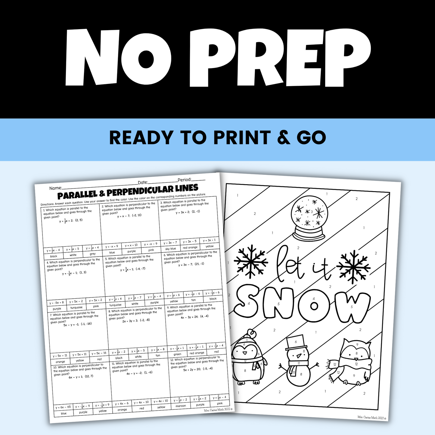 Algebra 1 Winter Activity Parallel and Perpendicular Lines Coloring Worksheet