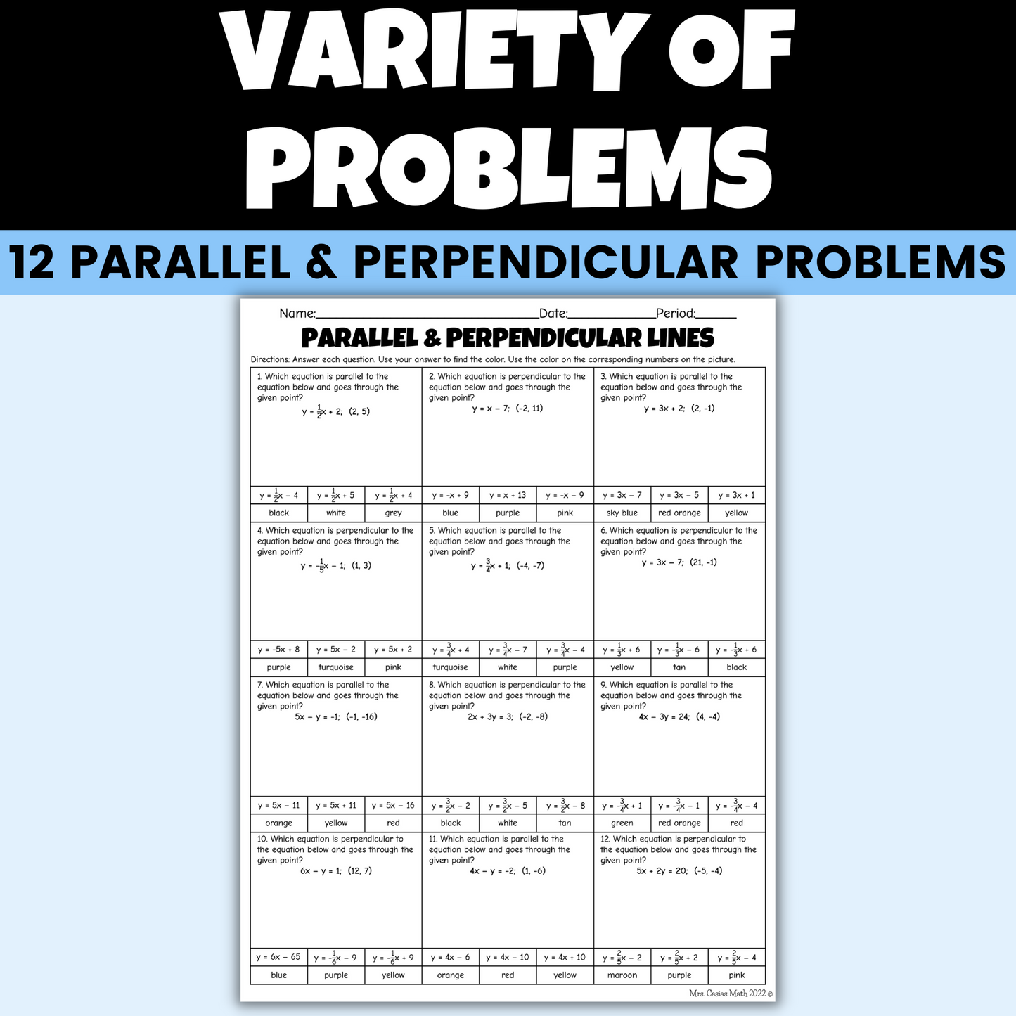 Algebra 1 Winter Activity Parallel and Perpendicular Lines Coloring Worksheet