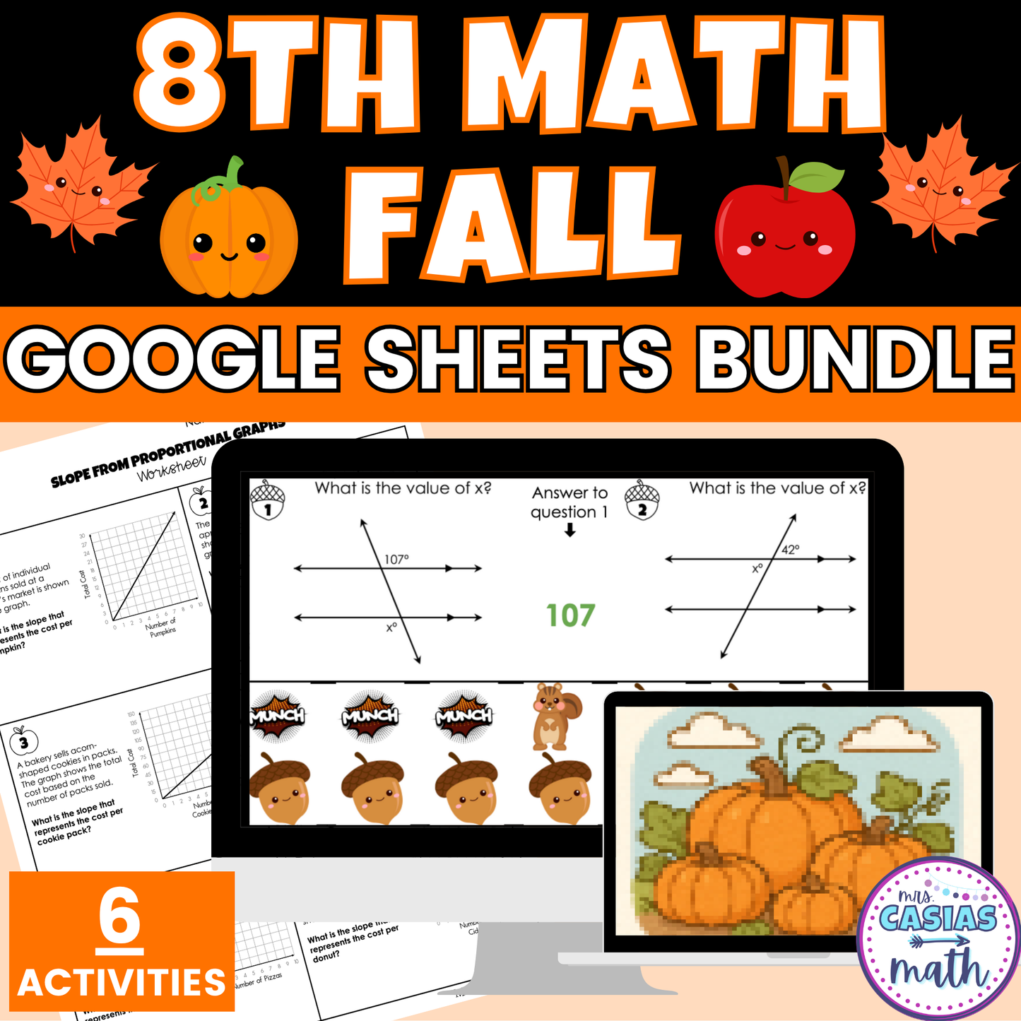 Fall Math Activities 8th Grade Google Sheets and Worksheets BUNDLE