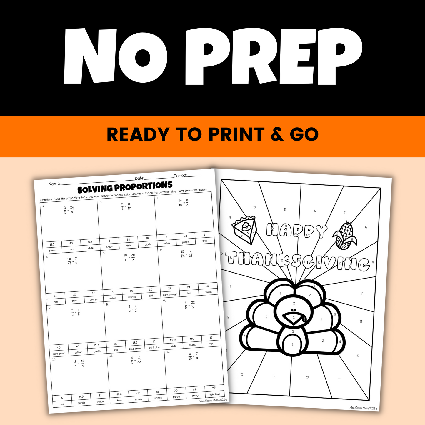 Thanksgiving Math Activity 7th Grade Solving Proportions Coloring Worksheet