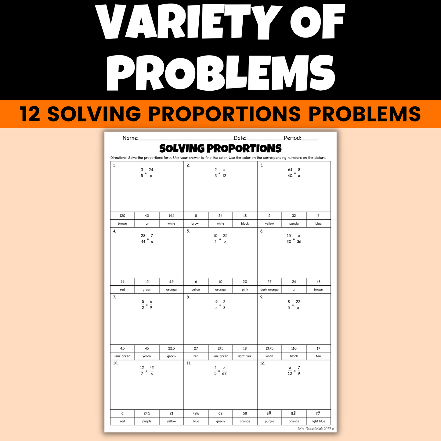 Thanksgiving Math Activity 7th Grade Solving Proportions Coloring Worksheet