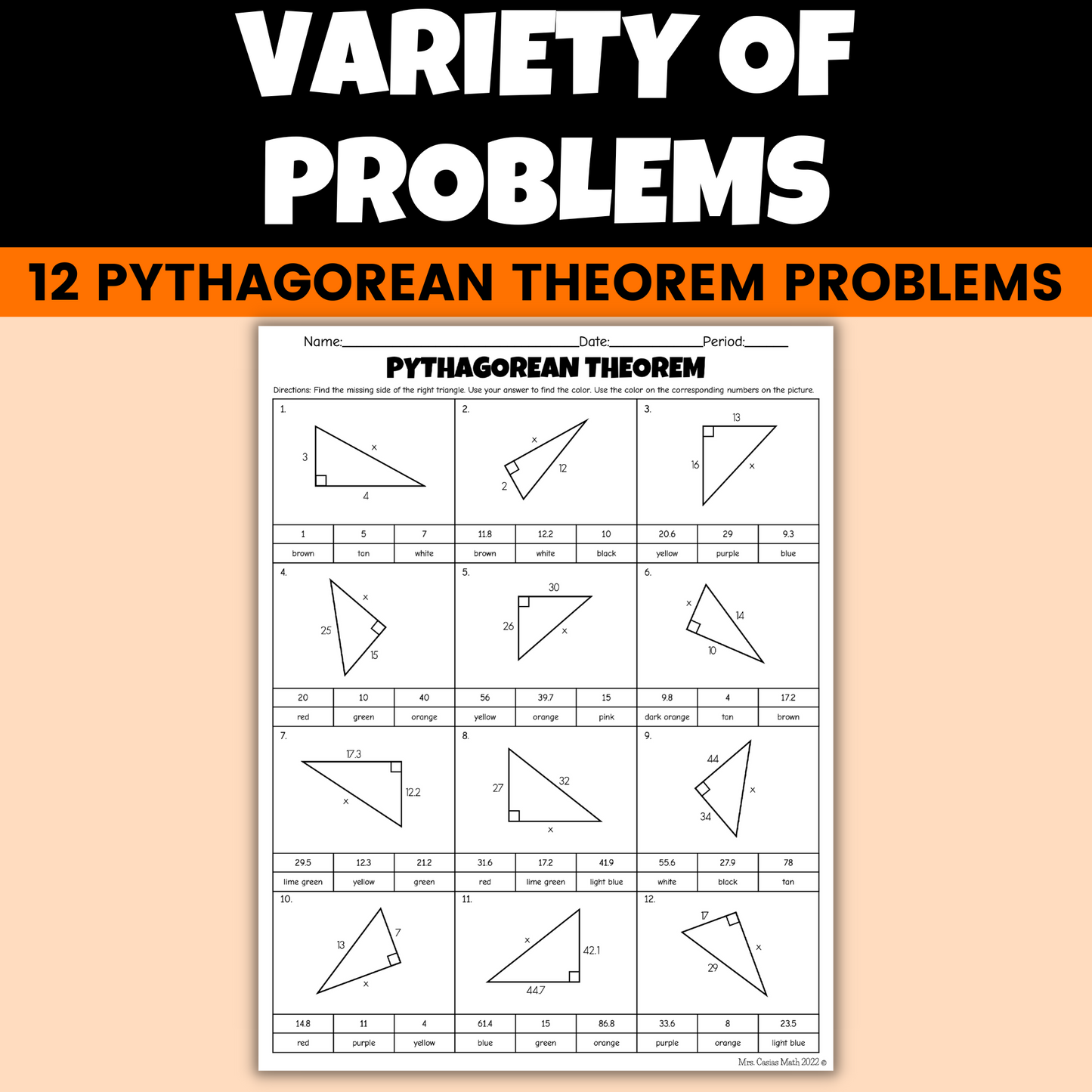 Thanksgiving Math Activity 8th Grade Pythagorean Theorem Coloring Worksheet
