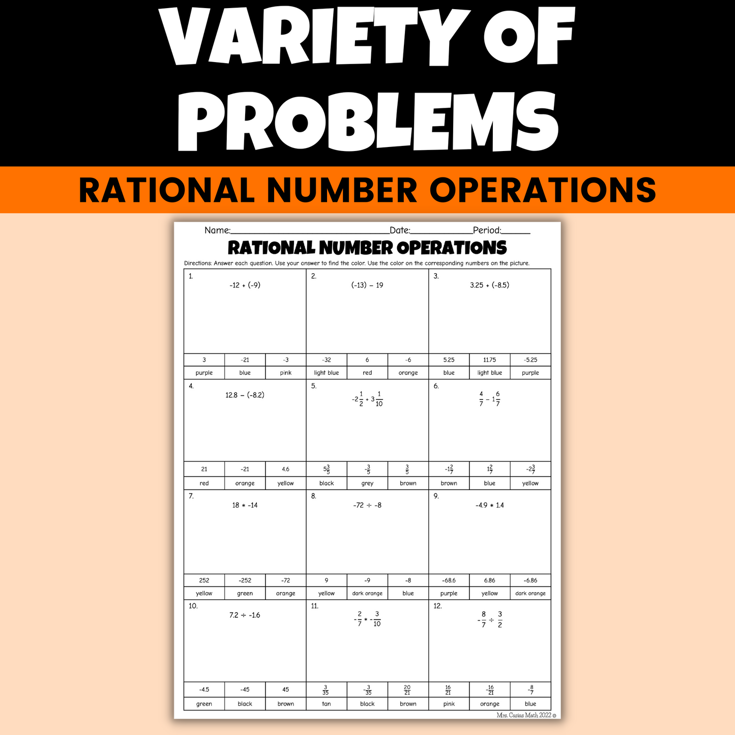 Fall Math Activity 7th Grade Rational Number Operations Coloring Worksheet