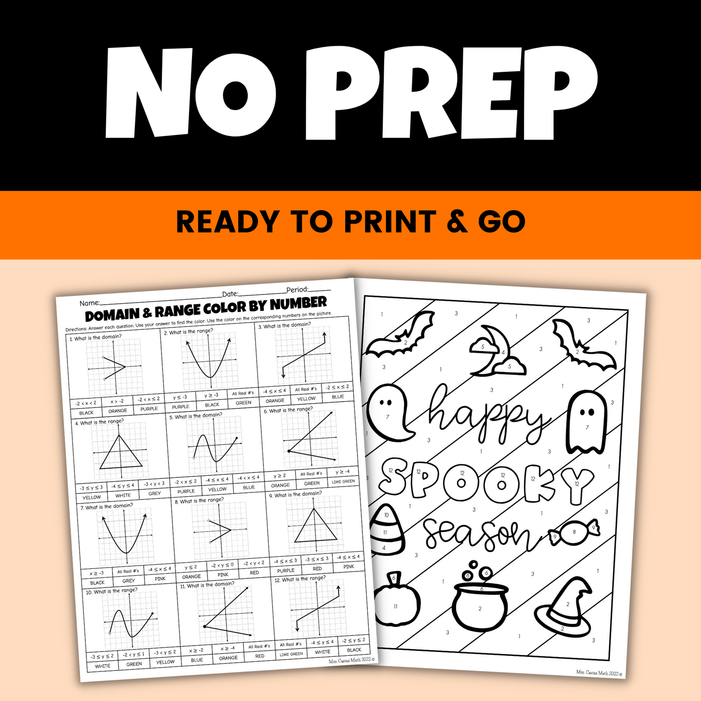 Algebra Halloween Activity Domain and Range Coloring Worksheet