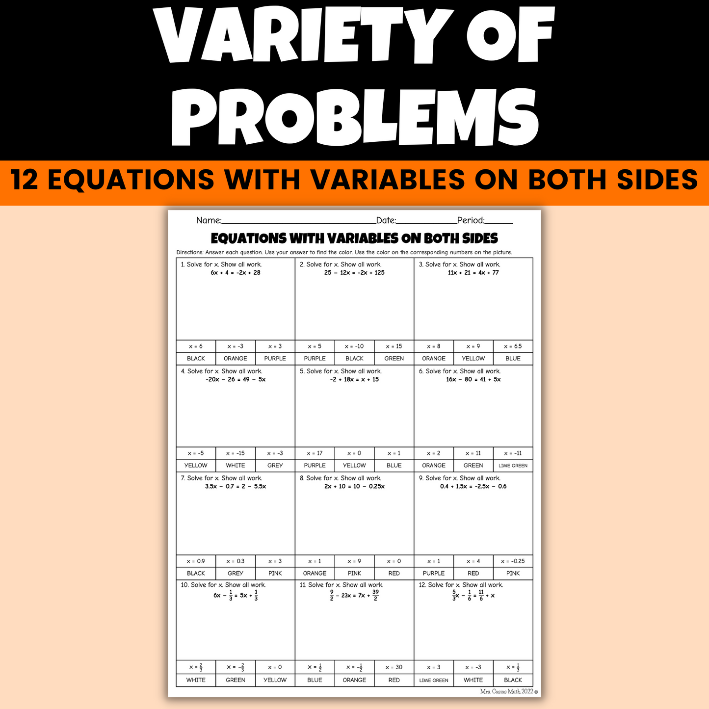 Halloween Math Activity for Middle School Equations with Variables on Both Sides