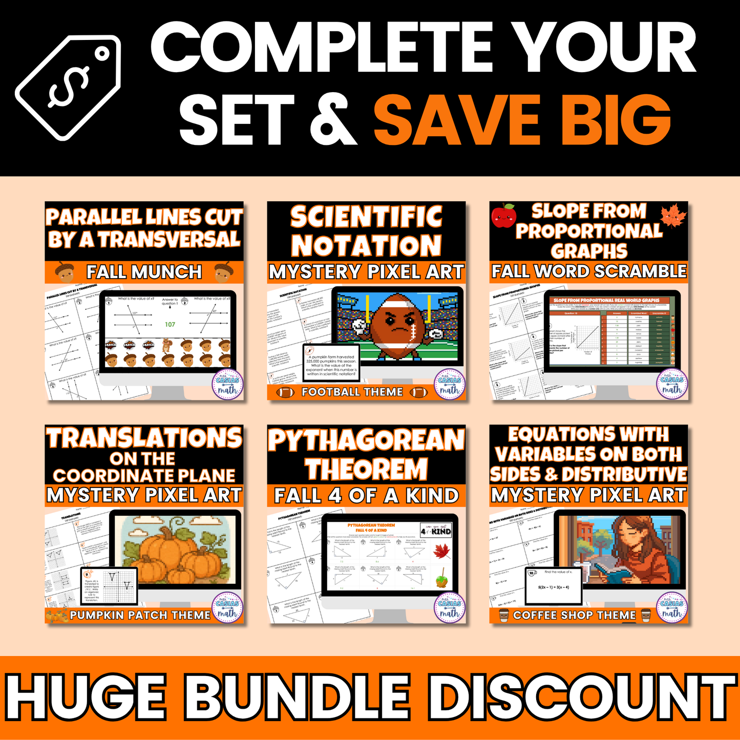 Fall Math Activities 8th Grade Google Sheets and Worksheets BUNDLE