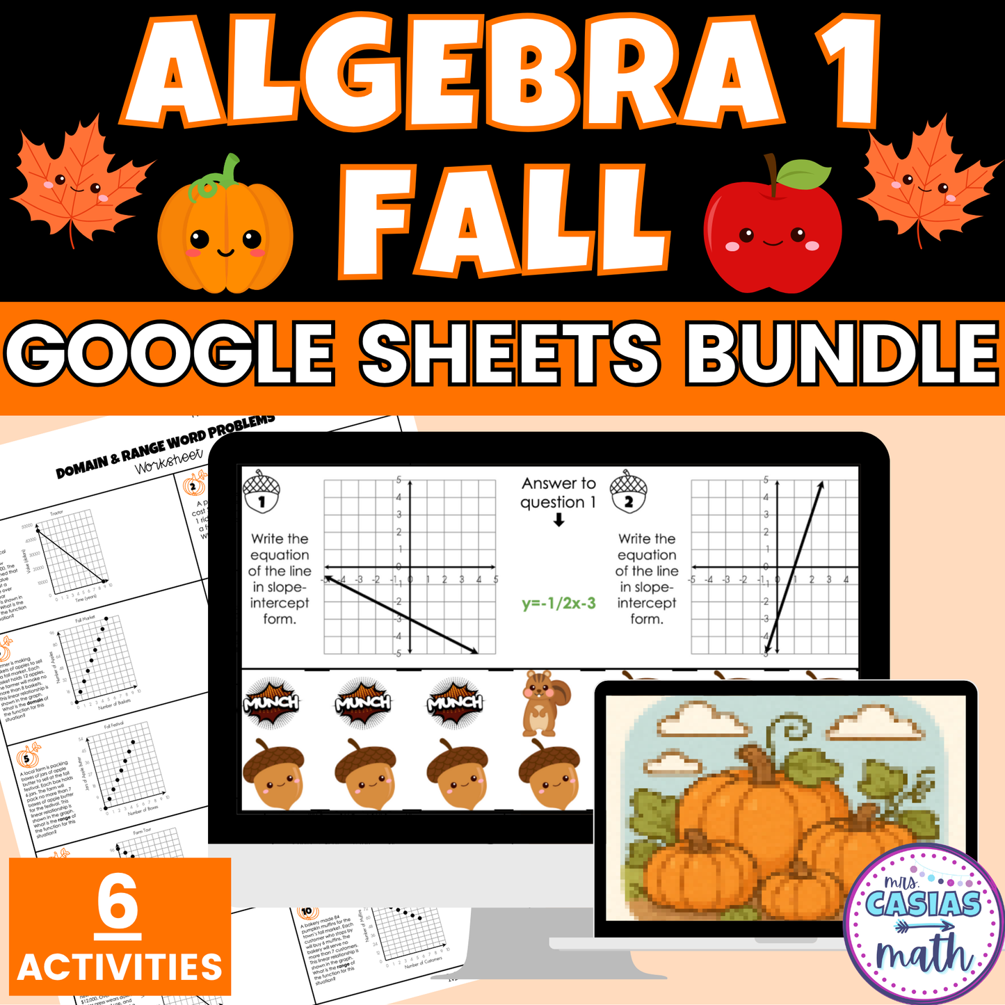 Fall Math Activities Algebra 1 Google Sheets and Worksheets BUNDLE