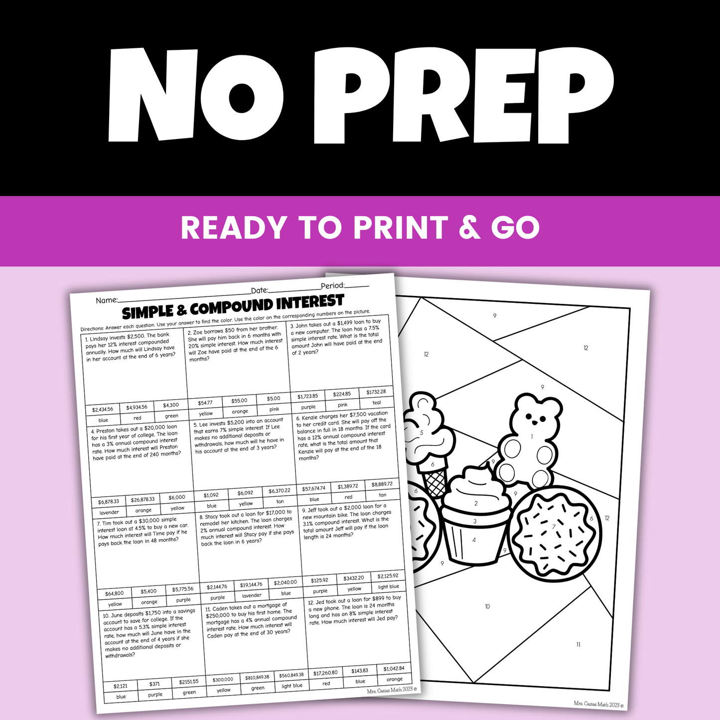Simple and Compound Interest Coloring Worksheet