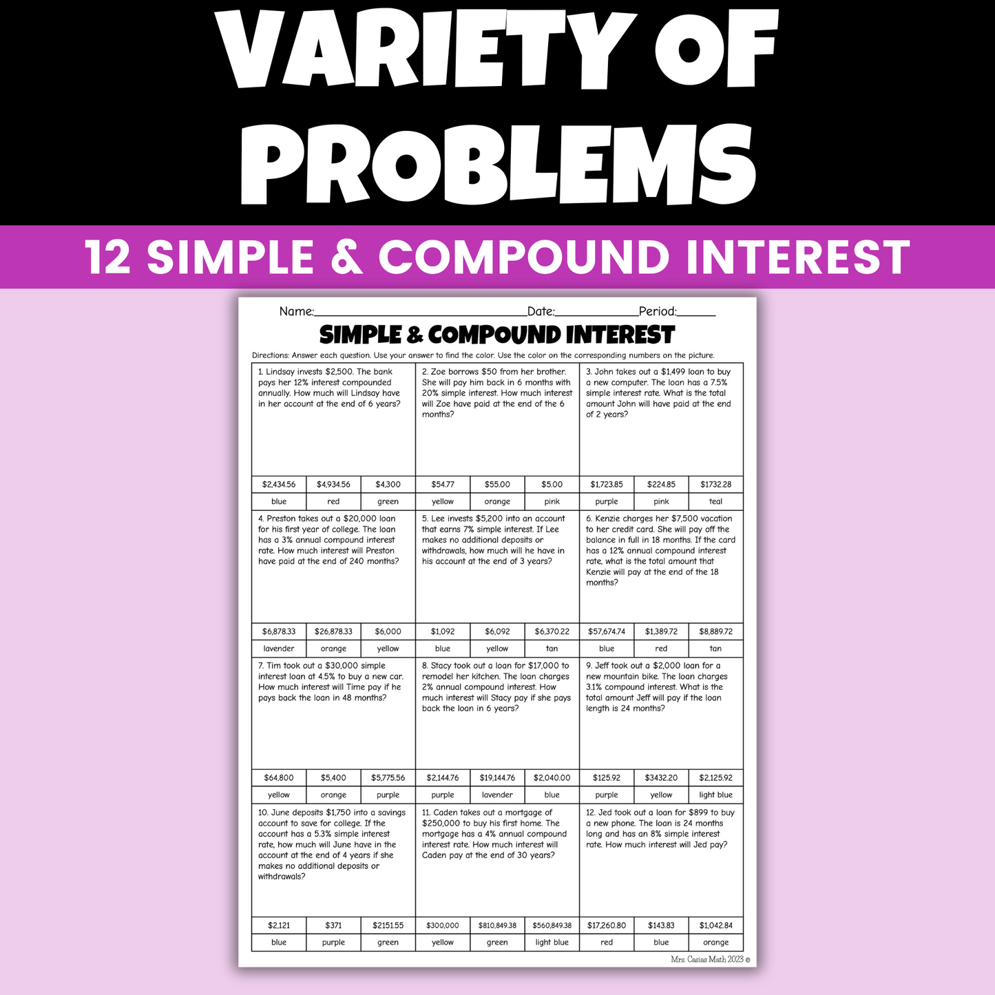 Simple and Compound Interest Coloring Worksheet