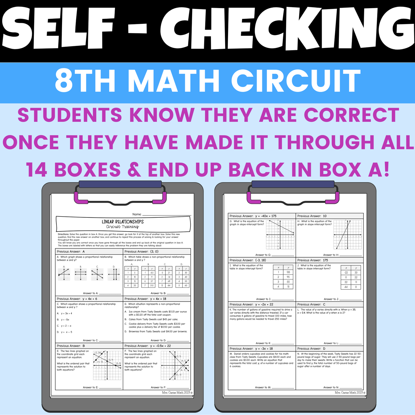 Linear Relationships Worksheet Self Checking Circuit Activity 8th Grade Math