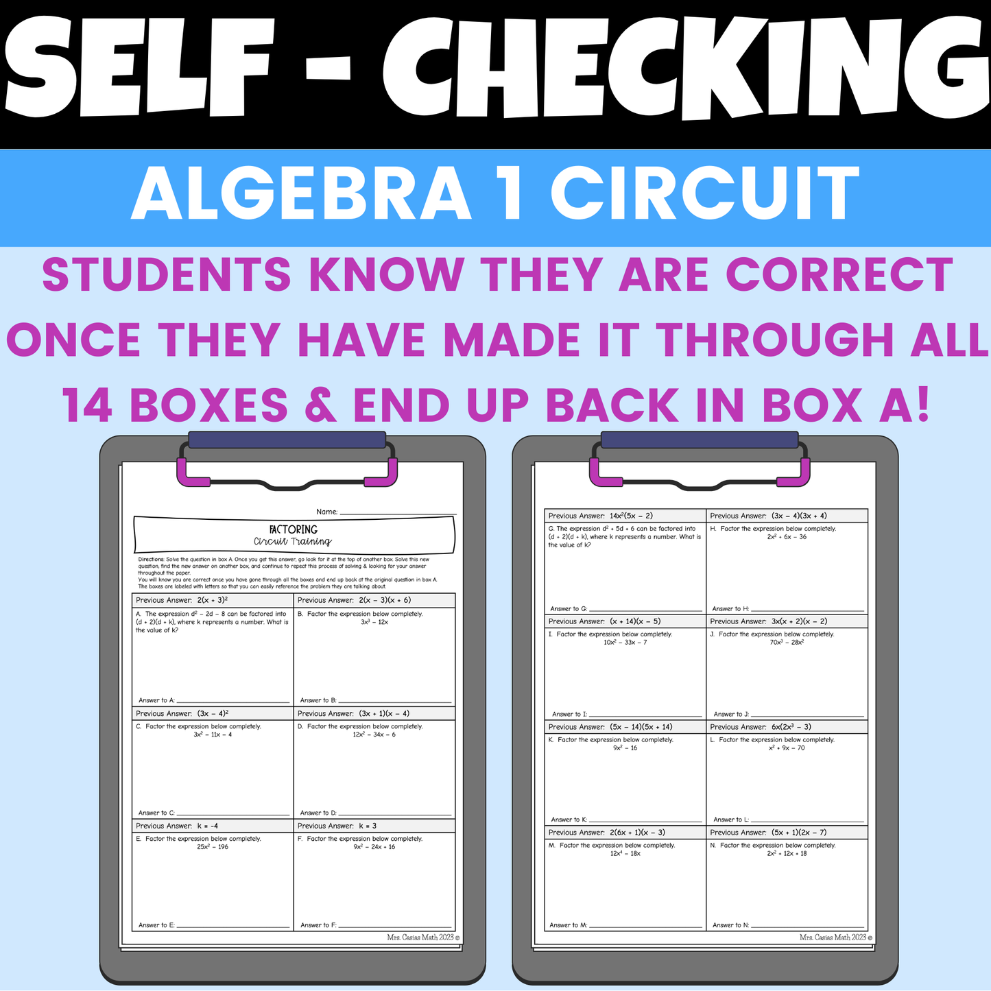 Algebra 1 Factoring Review Worksheet Self Checking Circuit Activity