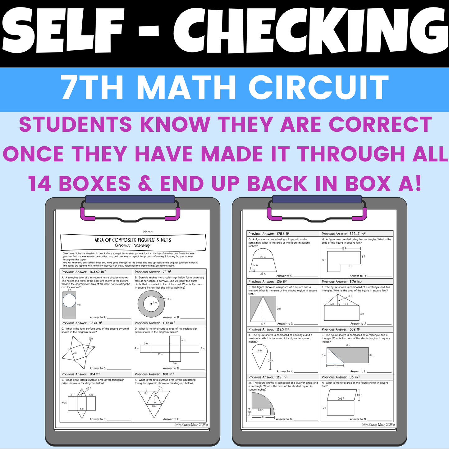 Area of Composite Figures and Nets of 3D Shapes Worksheet Self Checking Activity