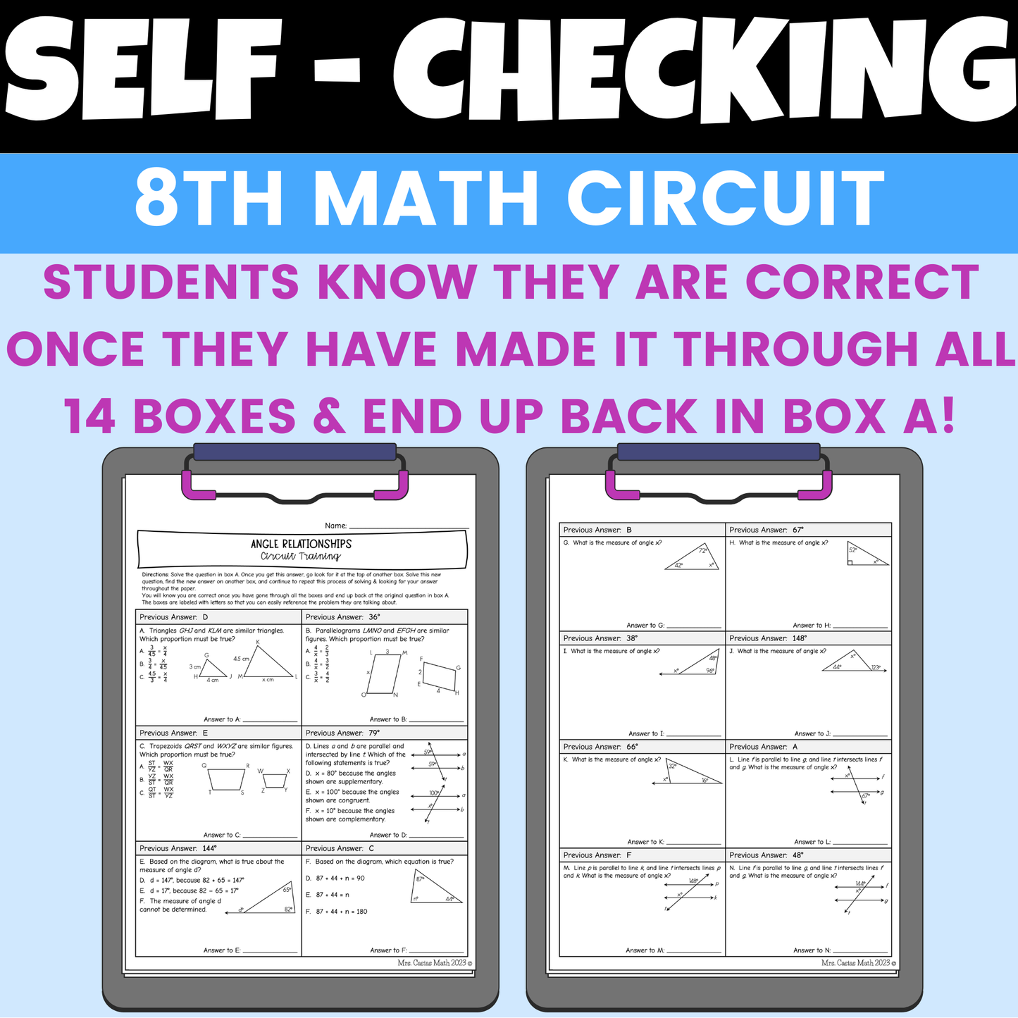 Angle Relationships Worksheet Self Checking Circuit Activity 8th Grade Math