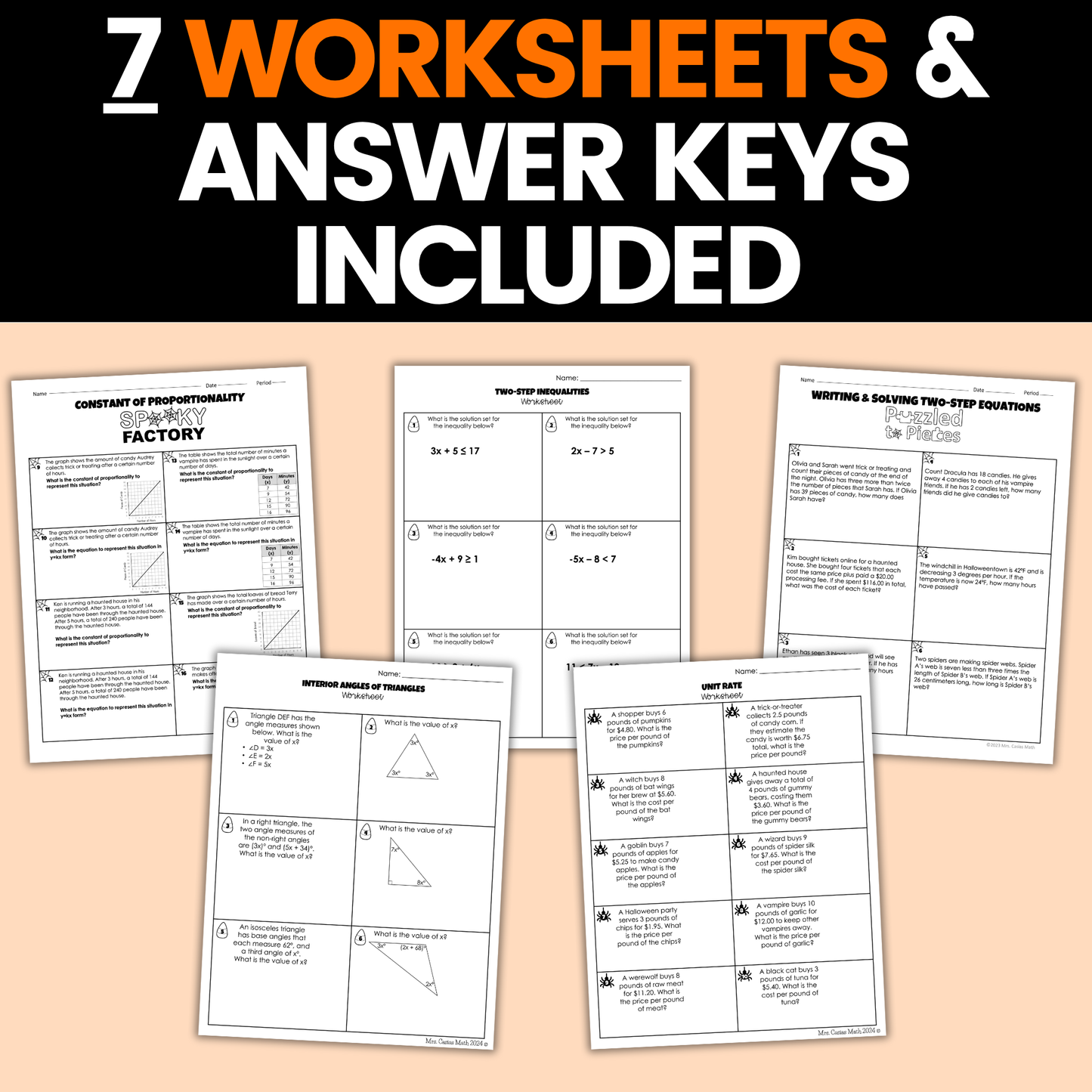 Halloween Math Activity Google Sheets and Worksheets BUNDLE 7th Math