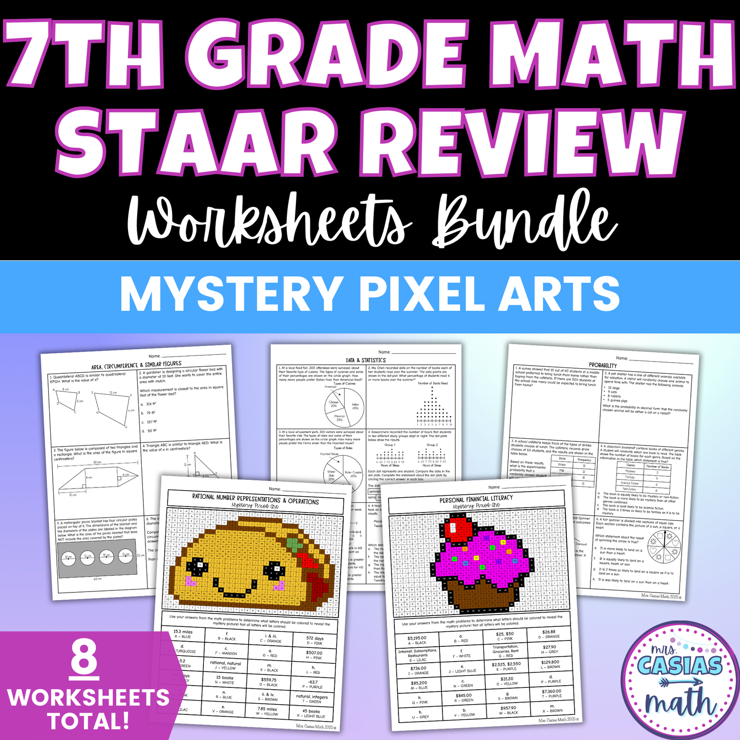 7th Grade Math STAAR Review Worksheets - Fun Mystery Pixel Art Activities
