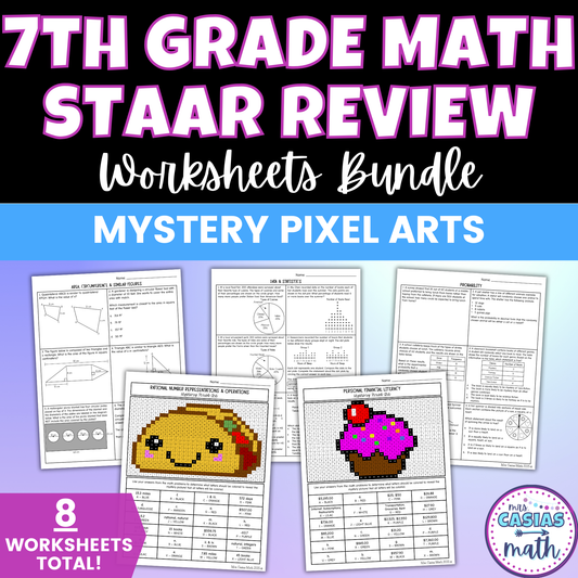 7th Grade Math STAAR Review Worksheets - Fun Mystery Pixel Art Activities