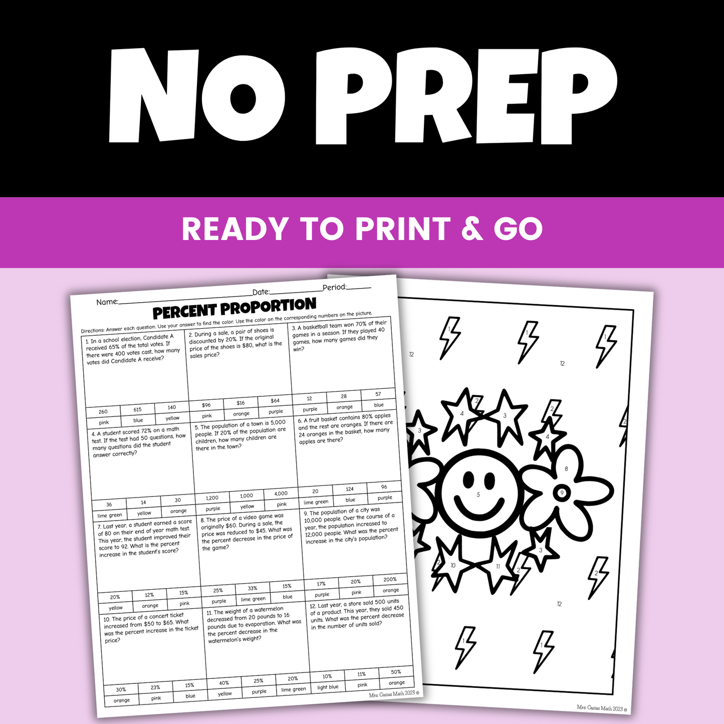 Percent Proportion and Percent of Change Coloring Worksheet