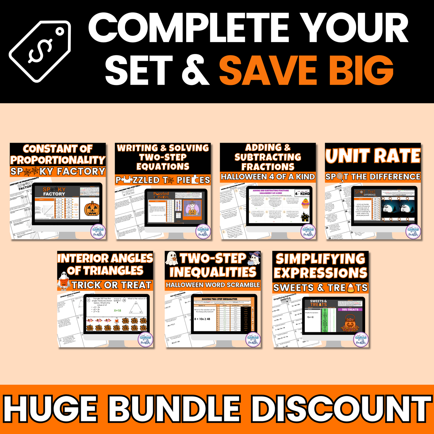 Halloween Math Activity Google Sheets and Worksheets BUNDLE 7th Math