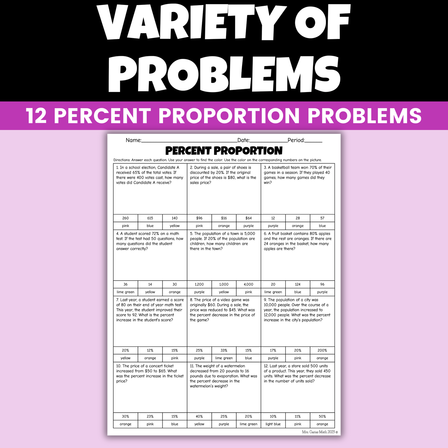 Percent Proportion and Percent of Change Coloring Worksheet