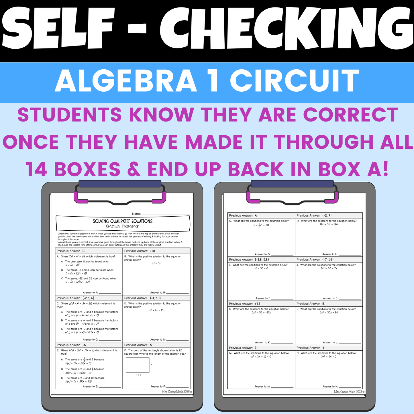 Solving Quadratic Equations Review Worksheet Self Checking Circuit Activity