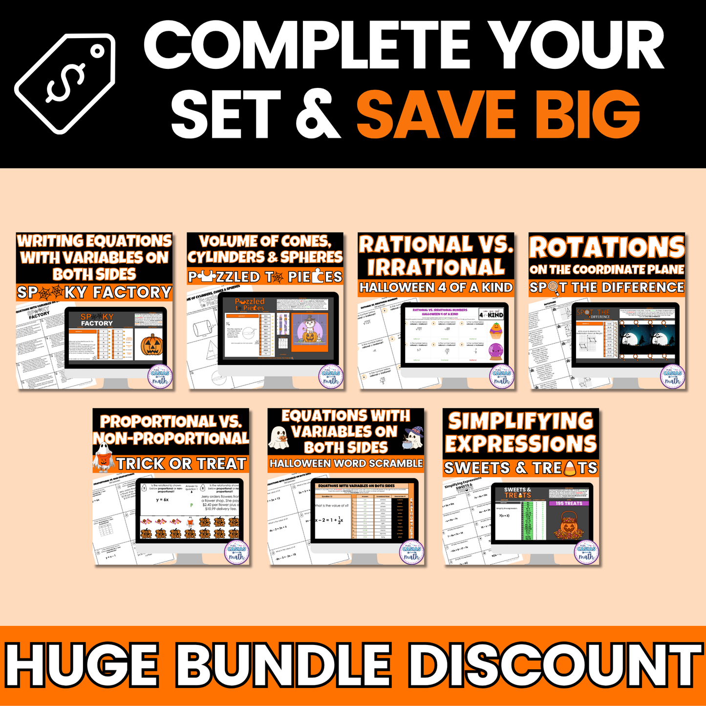 Halloween Math Activity Google Sheets and Worksheets BUNDLE 8th Math