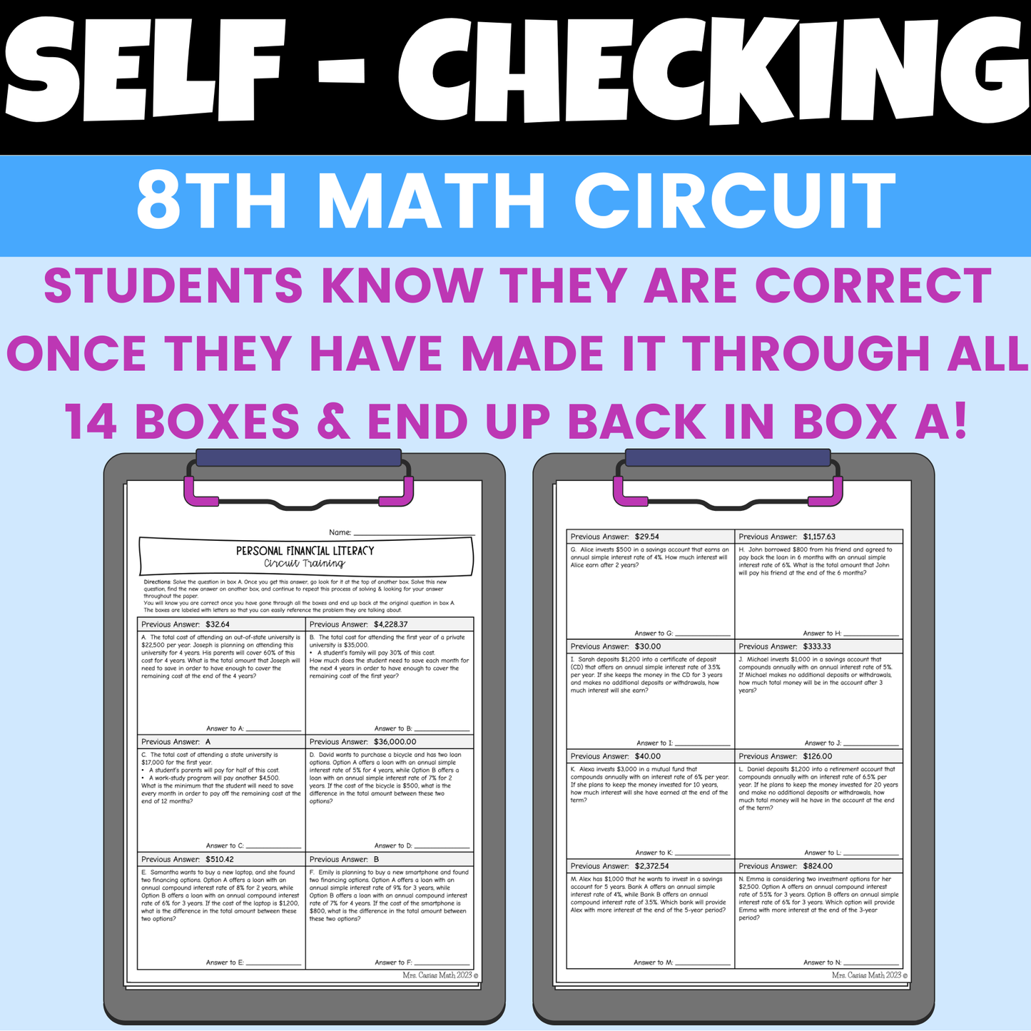 Personal Financial Literacy Worksheet Self Checking Circuit Activity 8th Math