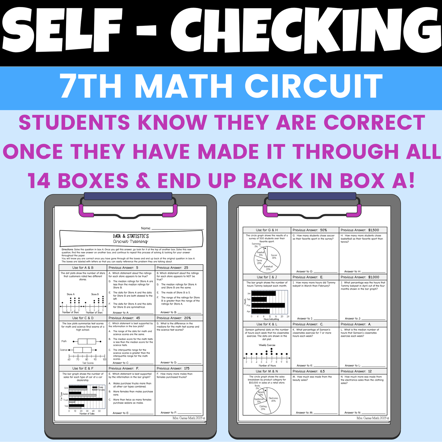 Data and Statistics Self Checking Circuit Activity 7th Grade Math