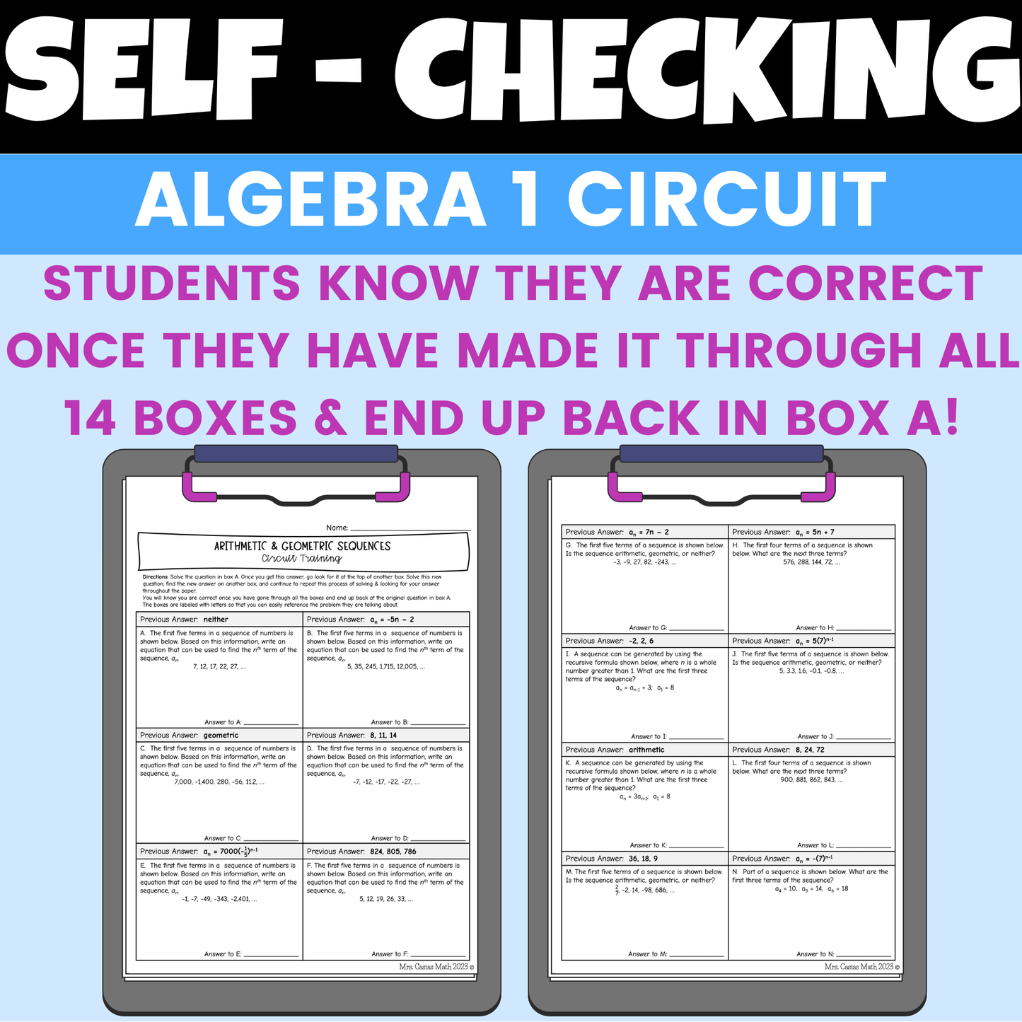 Arithmetic and Geometric Sequences Worksheet Self Checking Circuit Activity