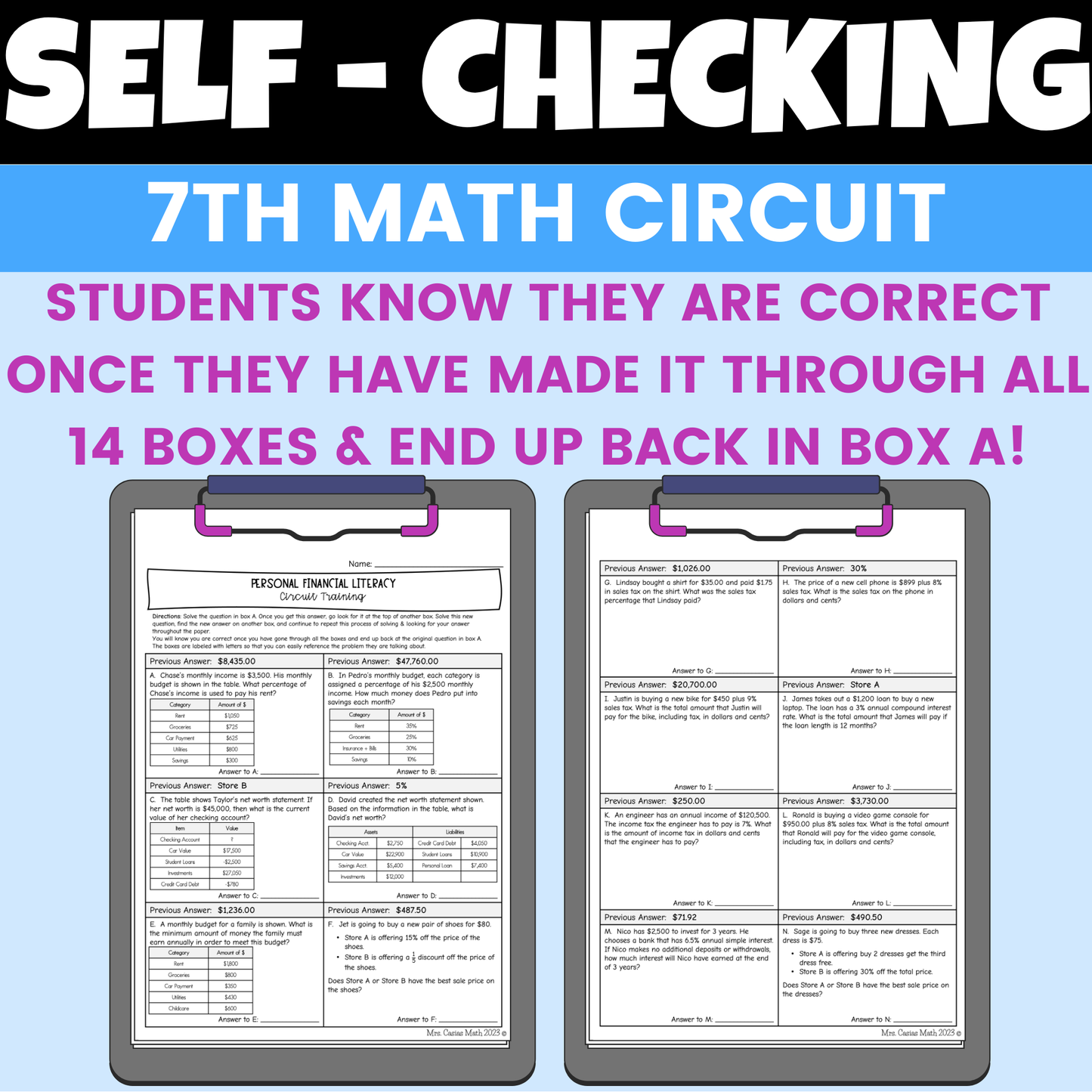 Personal Financial Literacy Self Checking Circuit Activity 7th Grade Math