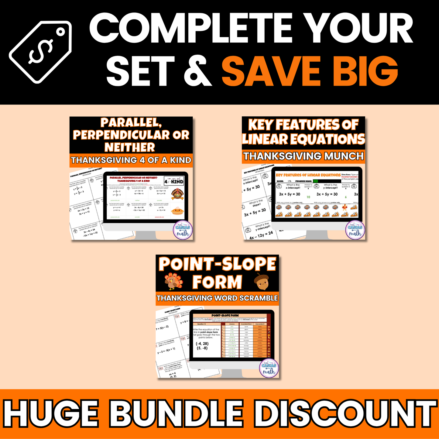 Thanksgiving Math Activities Algebra 1 Google Sheets and Worksheets BUNDLE