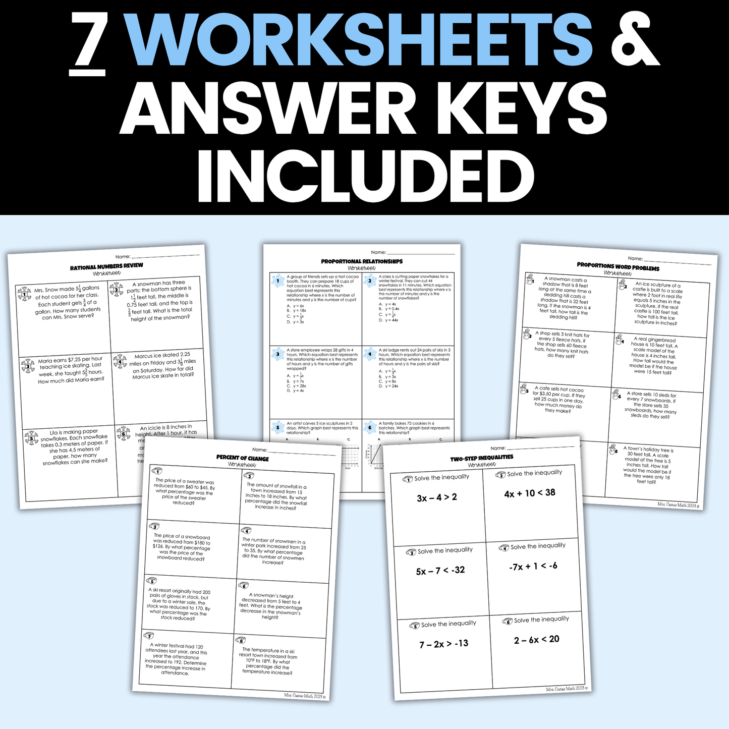 7th Grade Math Winter Activities Digital Google Sheets and Worksheets BUNDLE