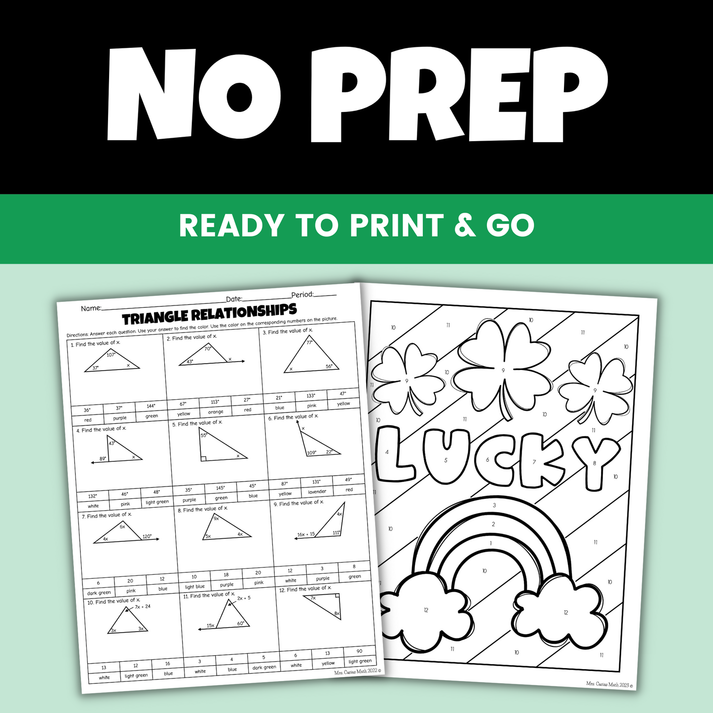 St Patricks Day Middle School Math Activity Angles of Triangles Color Worksheet