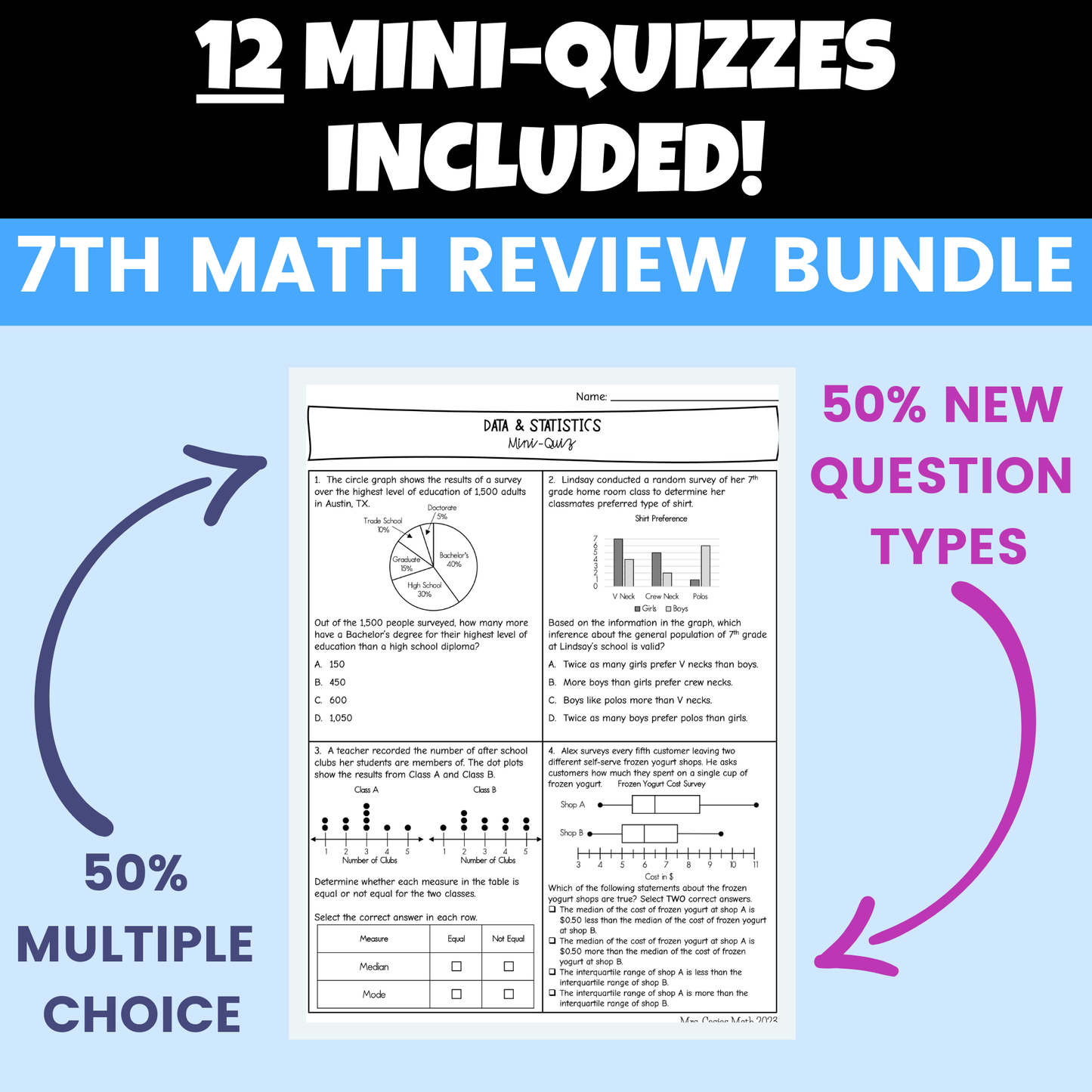 7th Grade Math STAAR Review BUNDLE - Review Sheets, Mini Quizzes, Worksheets
