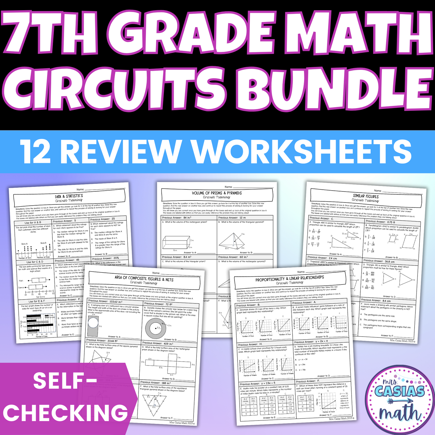 7th Grade Math Review Worksheets Self Checking Circuit Activities