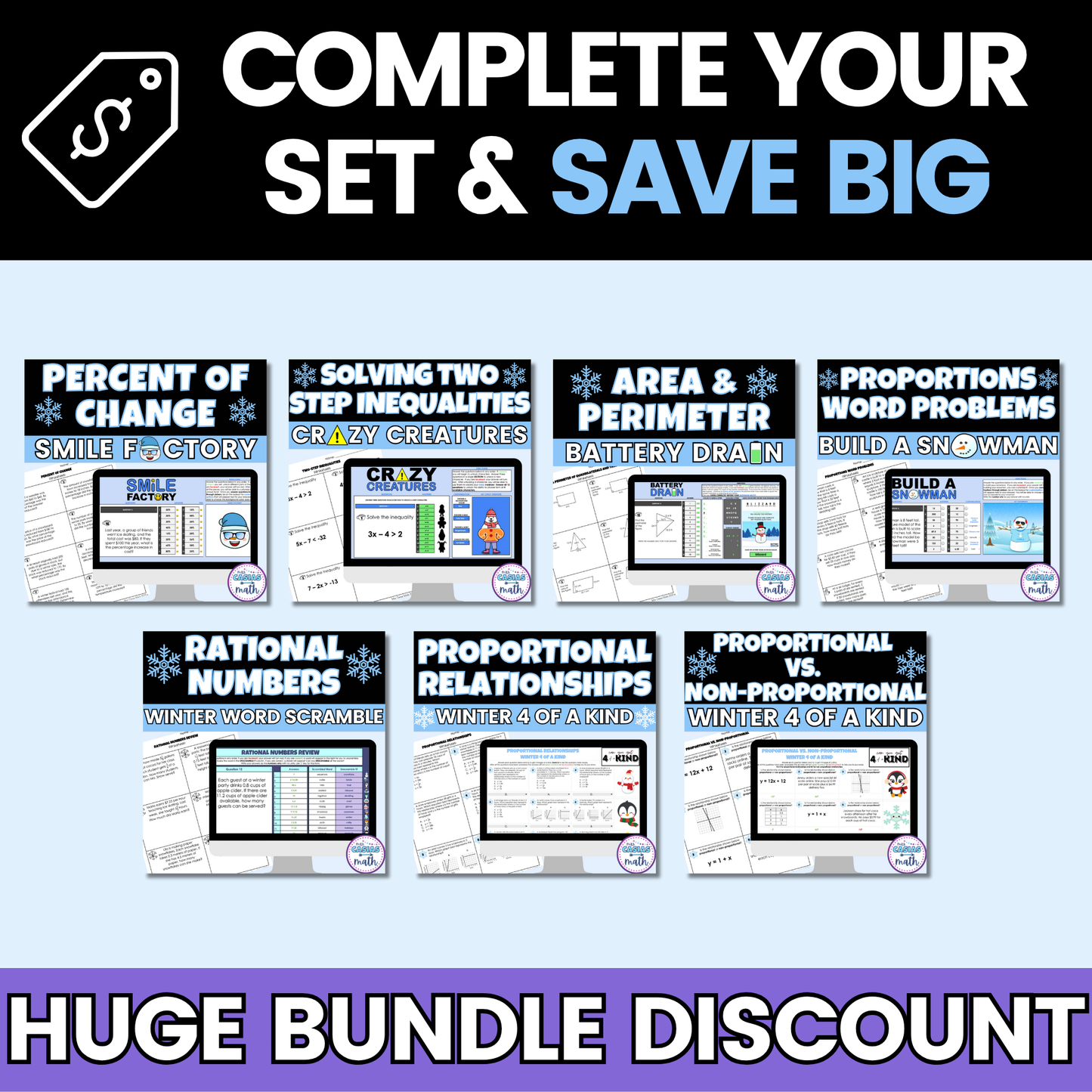 7th Grade Math Winter Activities Digital Google Sheets and Worksheets BUNDLE