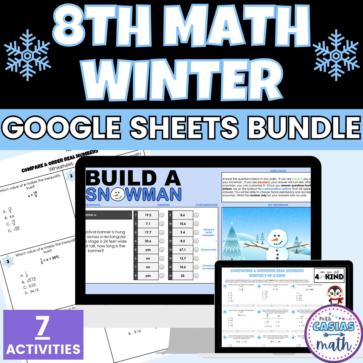 8th Grade Math Winter Activities Google Sheets and Worksheets BUNDLE