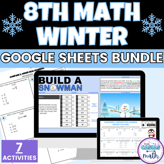 8th Grade Math Winter Activities Google Sheets and Worksheets BUNDLE