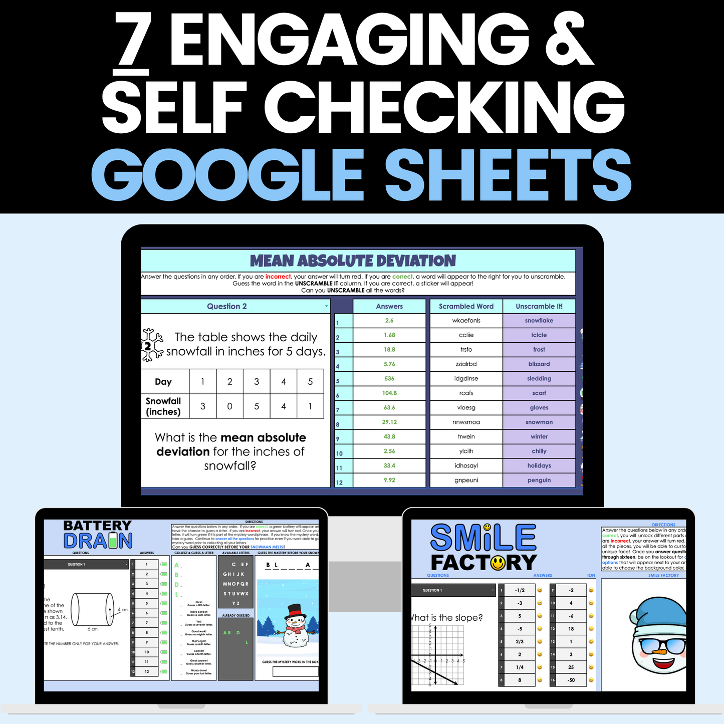 8th Grade Math Winter Activities Google Sheets and Worksheets BUNDLE