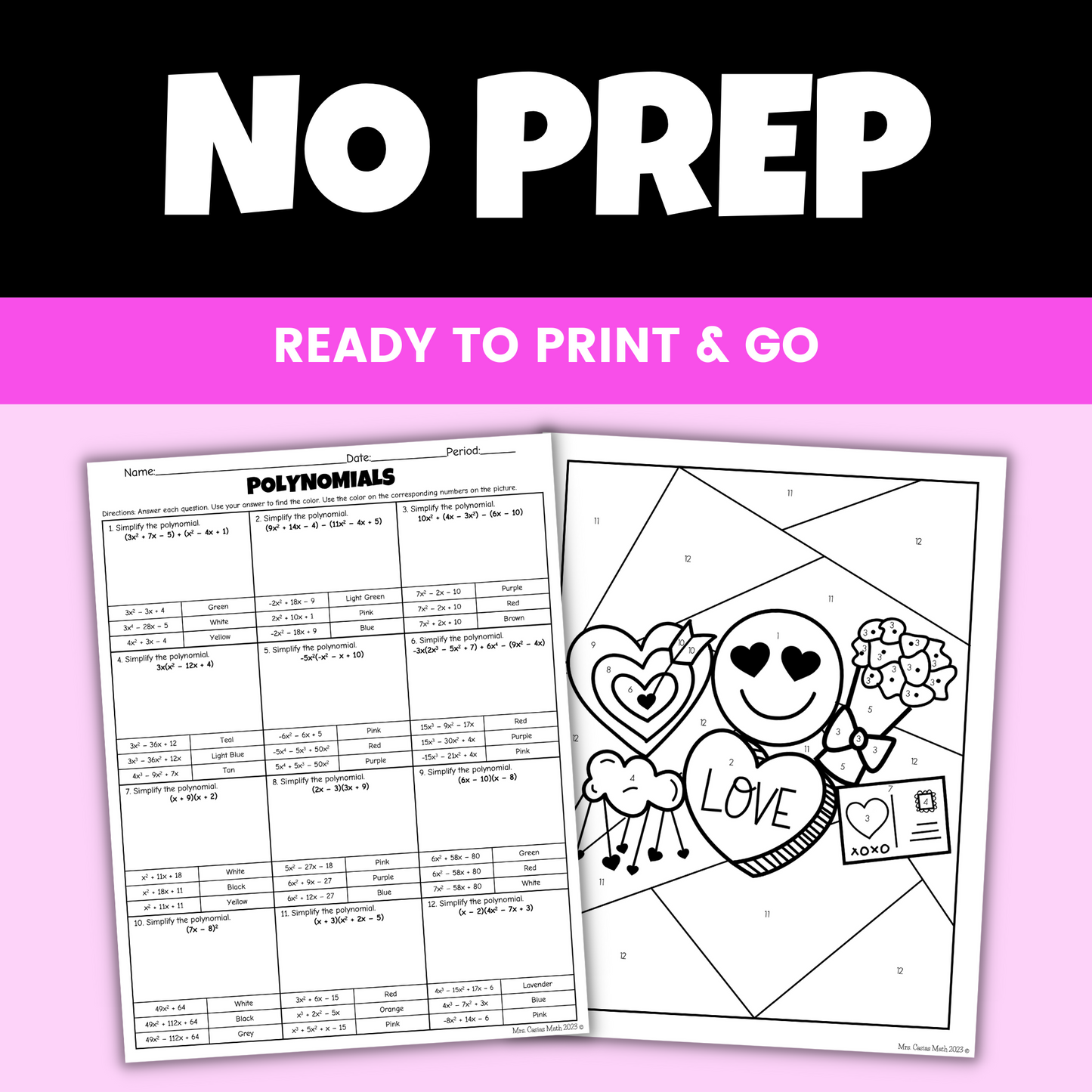 Valentine's Day Algebra 1 Activity Polynomials Coloring Worksheet