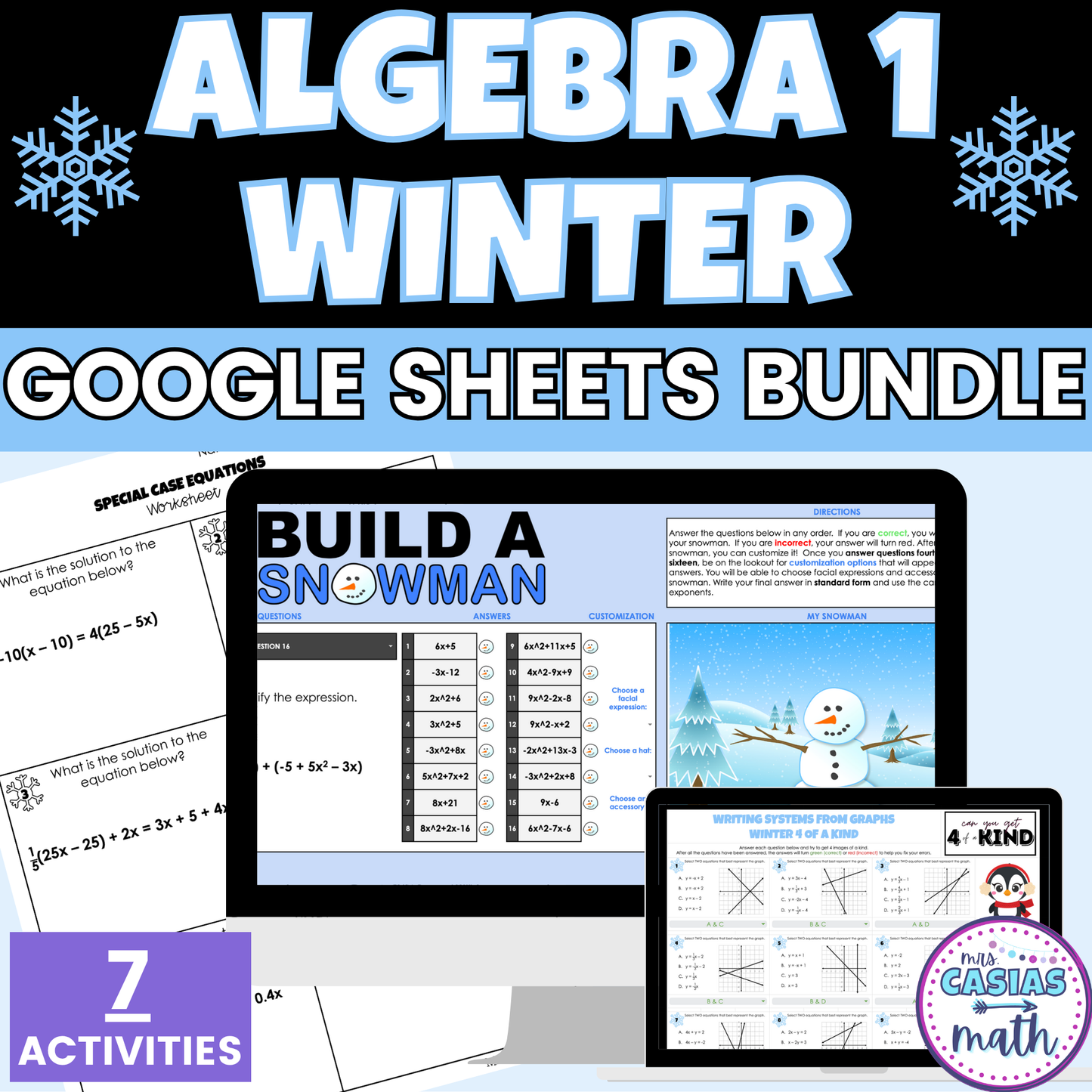 Algebra 1 Winter Activities Google Sheets and Worksheets BUNDLE