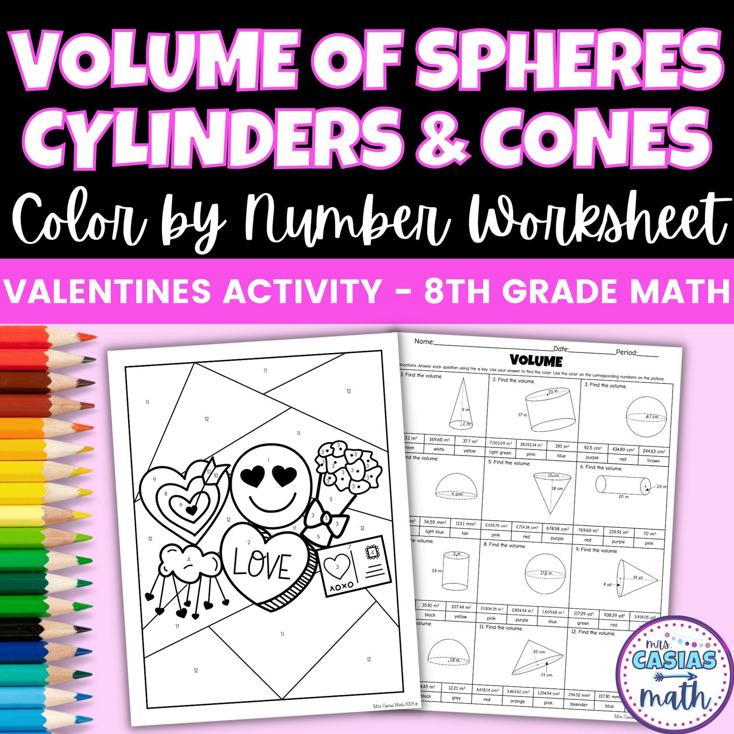 Valentines Day Math Activity Volume Cylinders Cones Spheres Coloring Worksheet