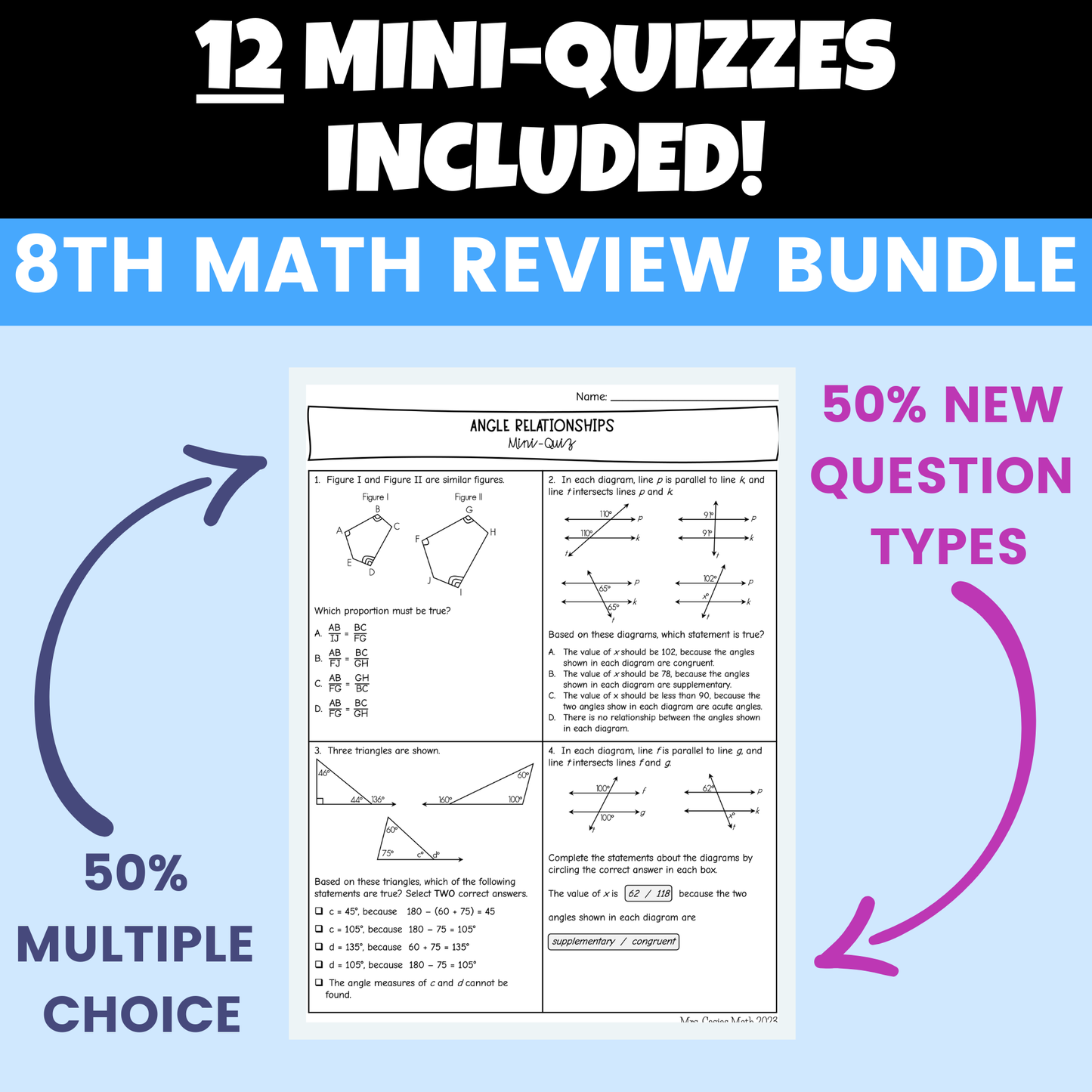 8th Grade Math STAAR Review BUNDLE - Review Sheets, Mini Quizzes, Worksheets