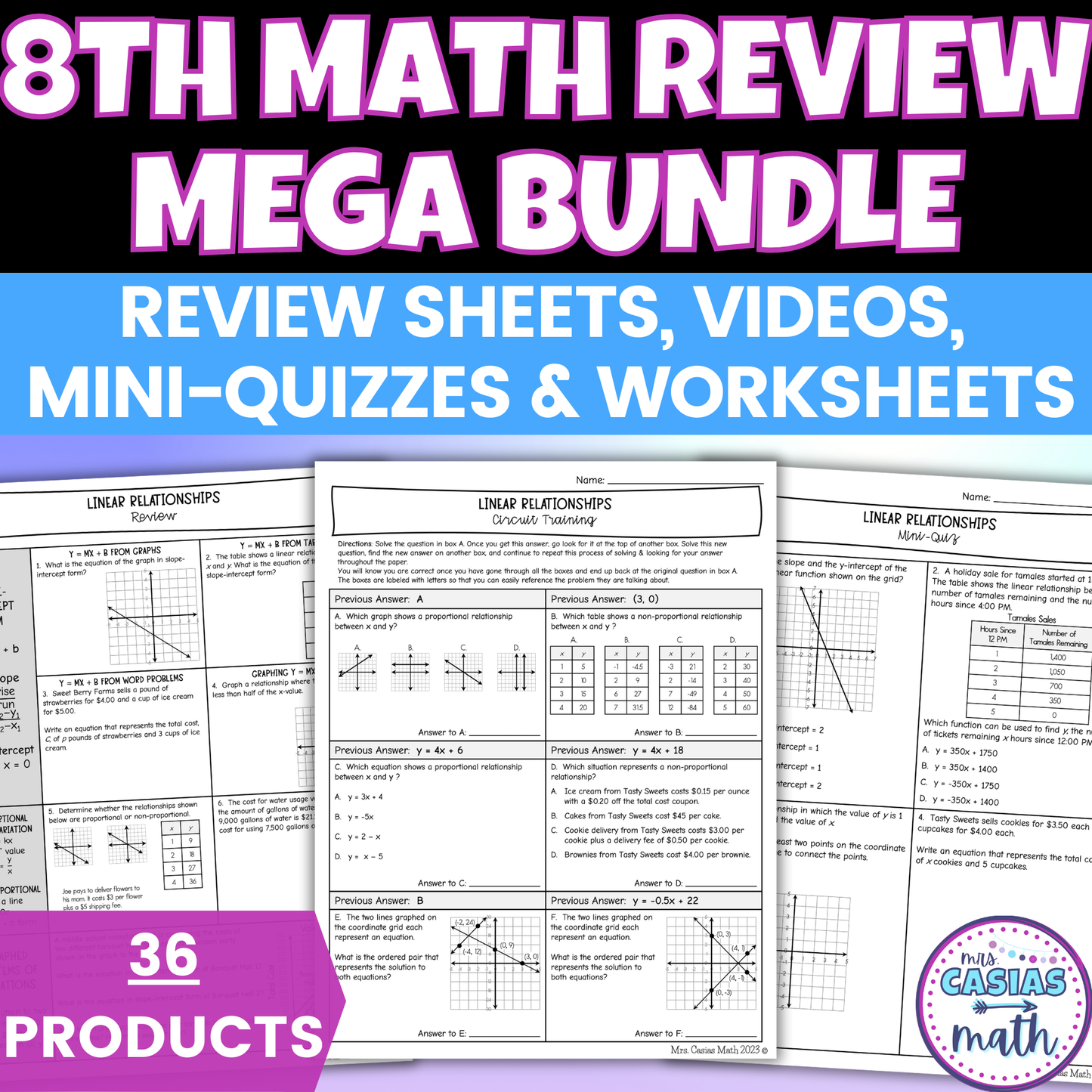 8th Grade Math STAAR Review BUNDLE - Review Sheets, Mini Quizzes, Worksheets